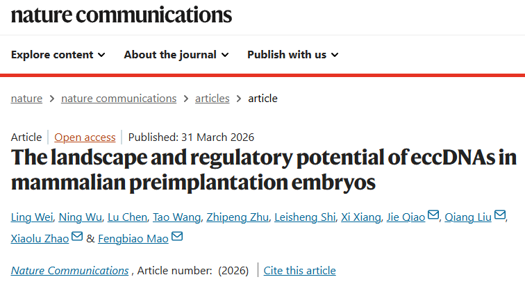 北医三院毛凤彪团队及合作者在Nature子刊发表成果，揭示哺乳动物早期胚胎中eccDNA的动态图谱与调控潜能